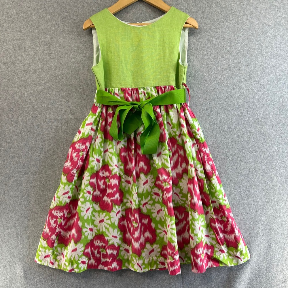 Maggie Breen Girls Size 5 Dress Lime Green Pink Floral Ikat Sleeveless Belt NWT